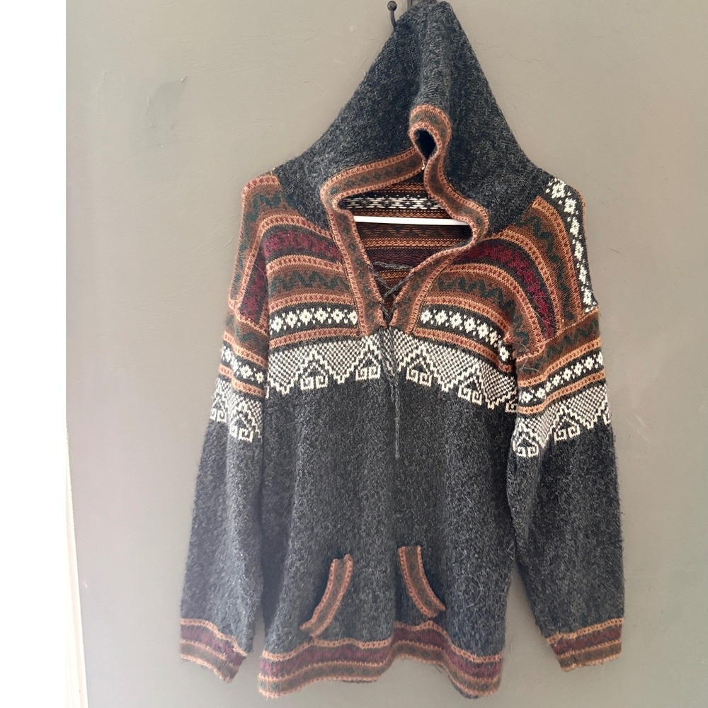 Vintage Style Wool Blend Geometric Fair Isle Hooded Pullover Sweater Charcoal
